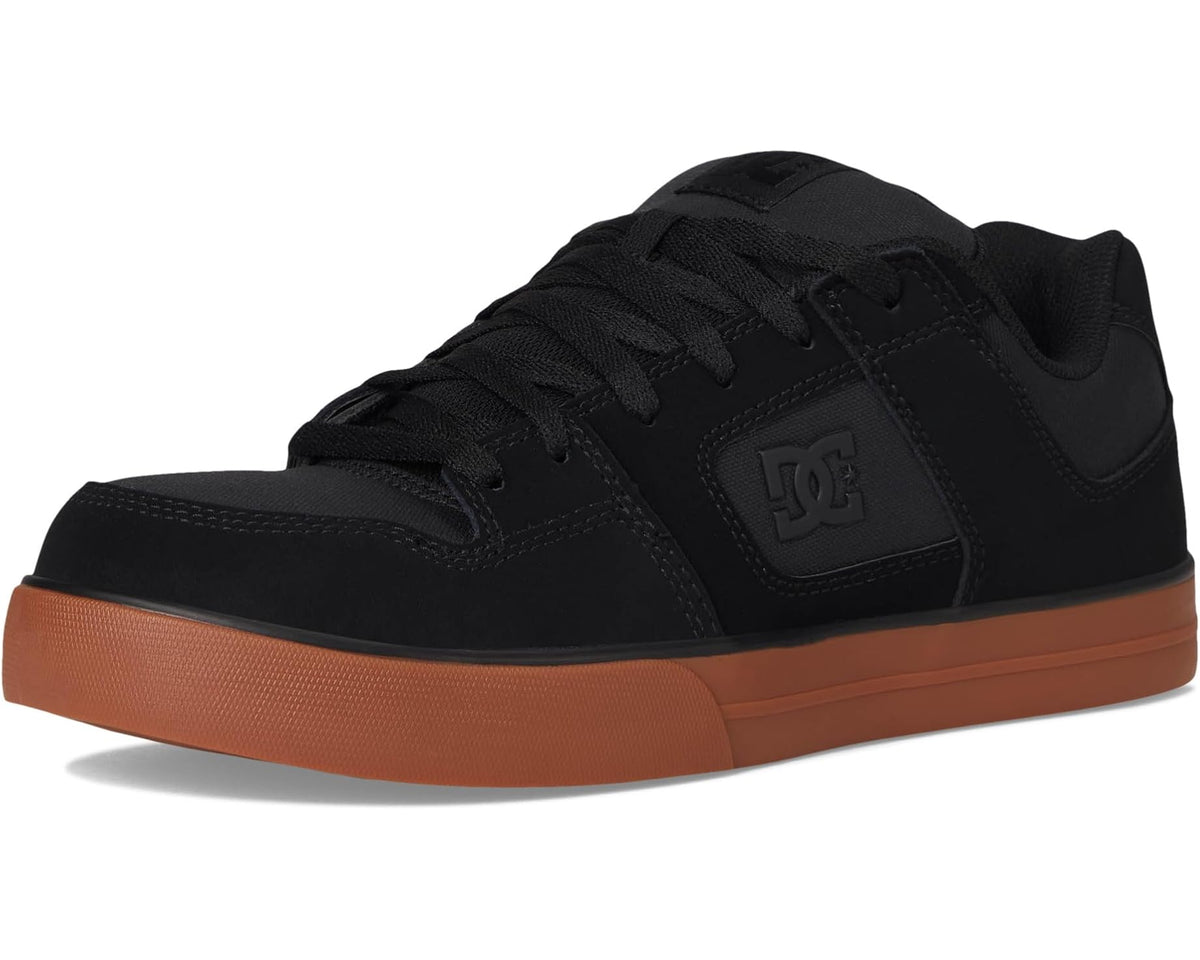 Black lace-up work sneaker side view with brown gum midsole and DC logo