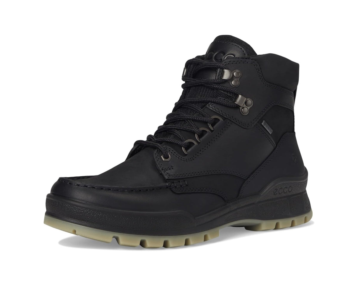 ECCO GORE-TEX lace-up boots, black leather upper with rubber toe and side trim.