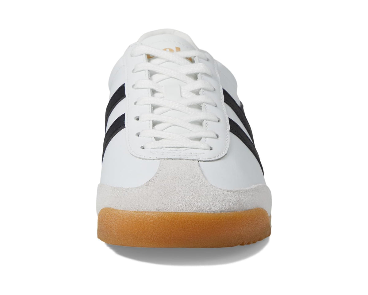 White leather lace-up sneakers with black side stripes and orange-brown rubber sole