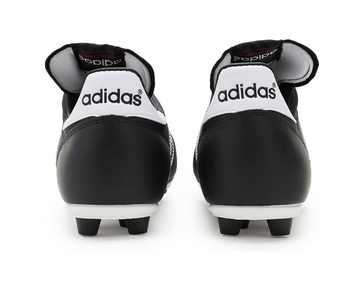 Back view of black adidas firm-ground soccer cleats with white adidas heel labels