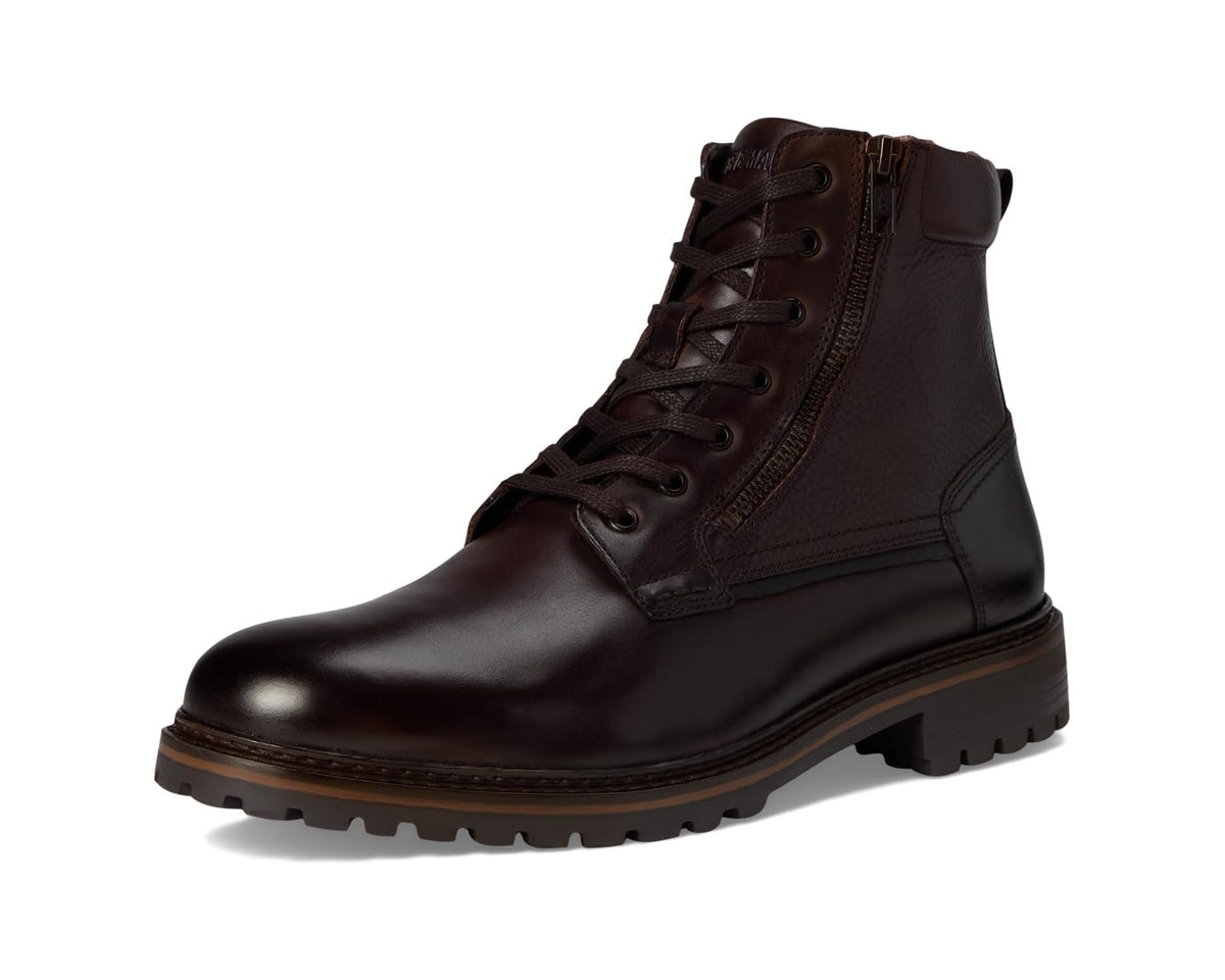 Men's Steve Madden Rydder brown leather lace-up boots, angled front view