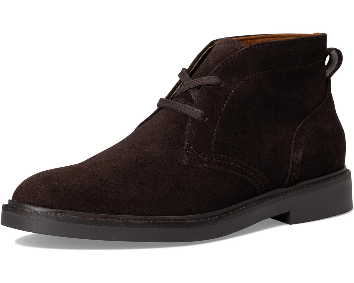 Men's dark brown suede chukka boot front view with laces and pull tab