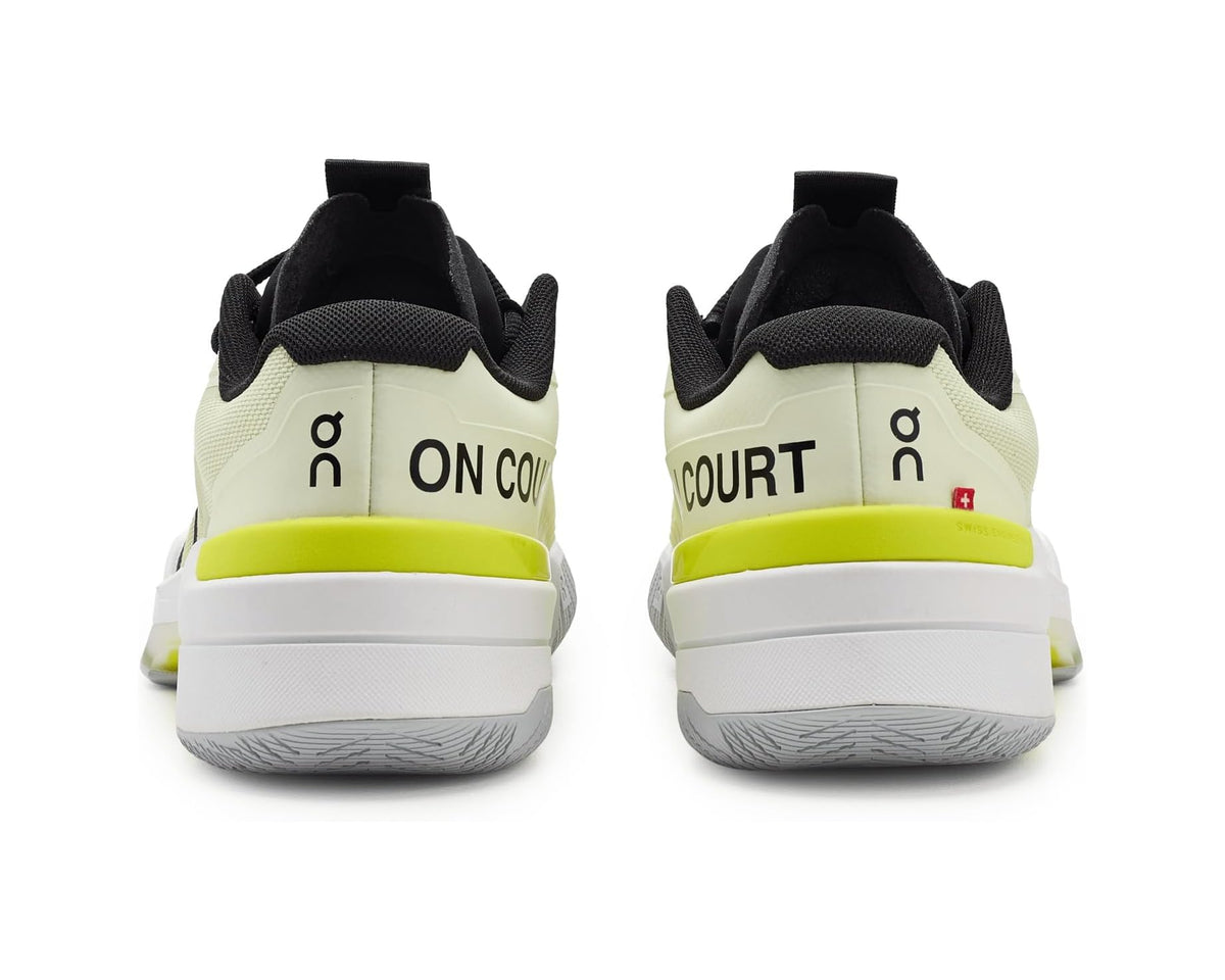 Back view of On sneakers with black heel tabs and “ON COURT” branding