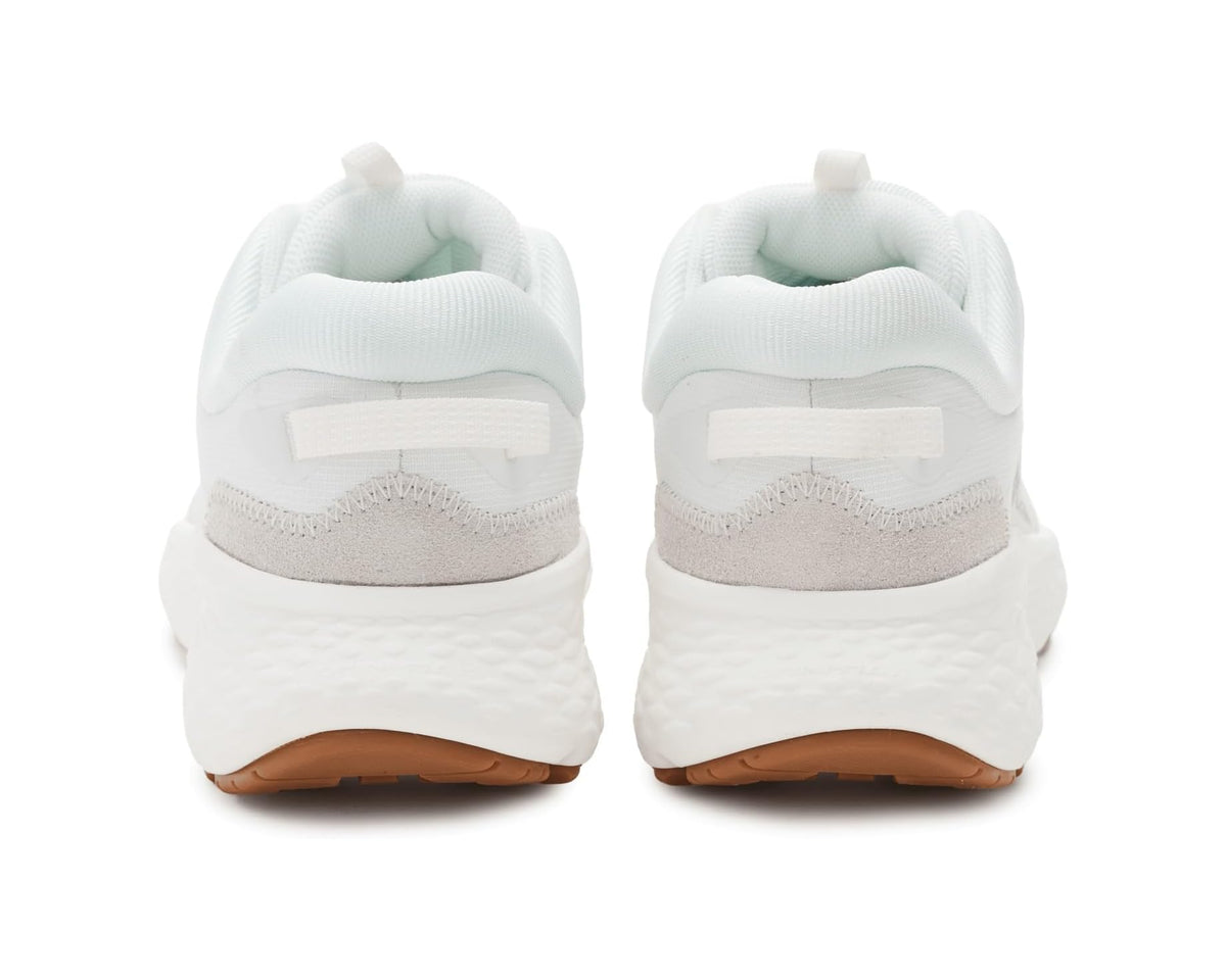 Rear view of white lace-up sneakers with gray heel panel and brown sole