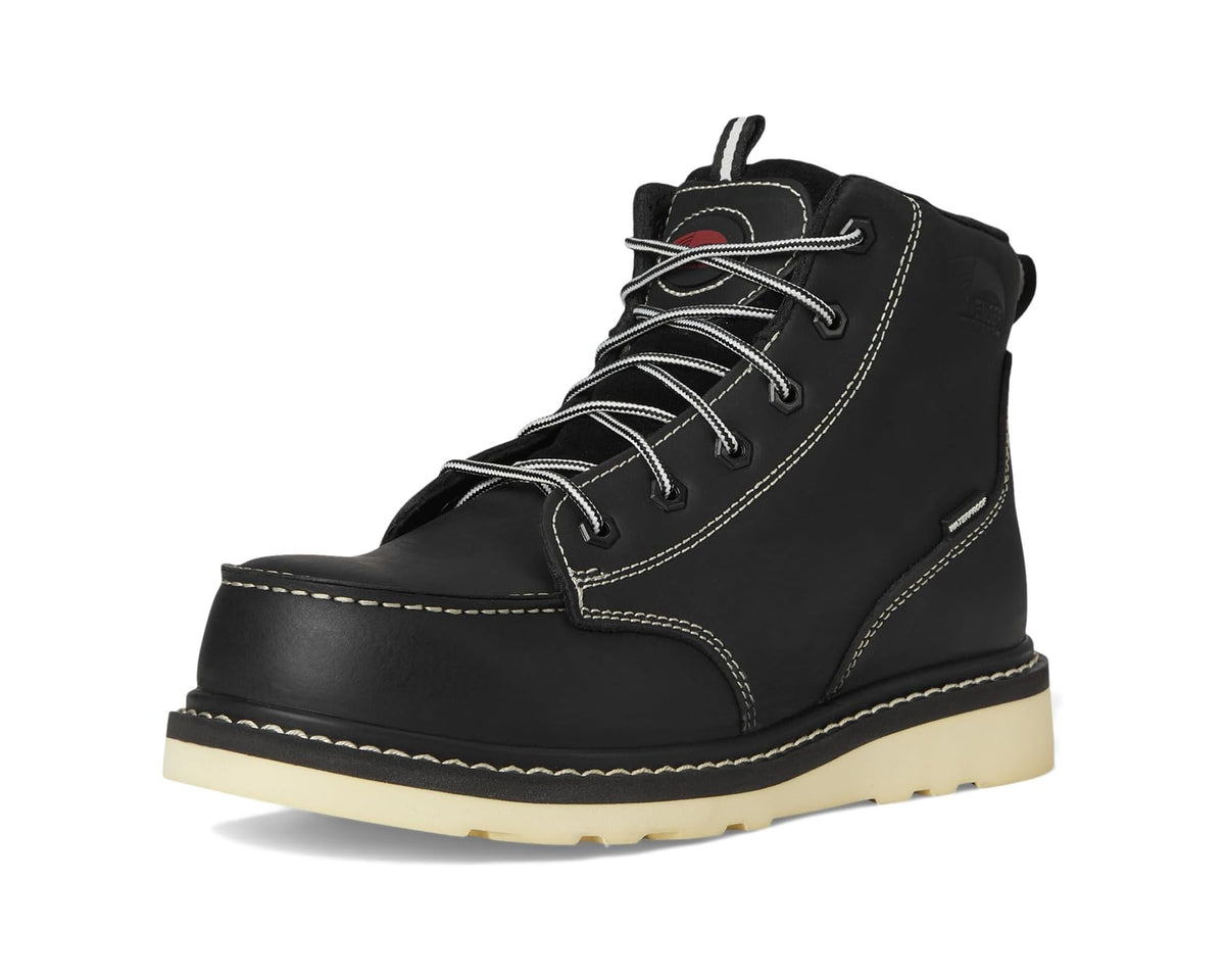 Black lace-up work boots with wedge sole, padded tongue, and stitched seams