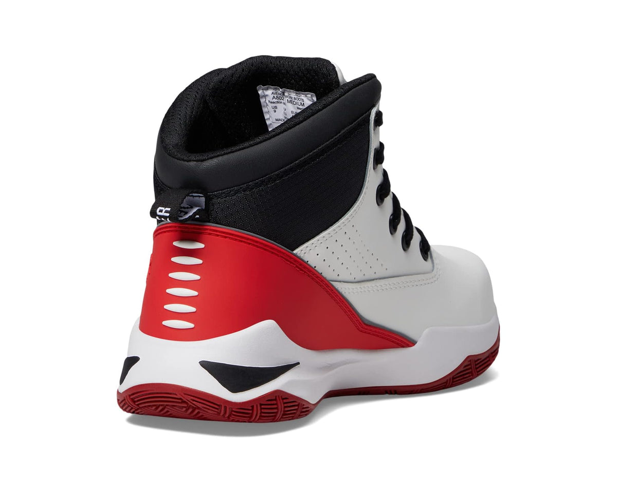 Men's mid-top work boots with white/red sides, black heel collar, lace-up.