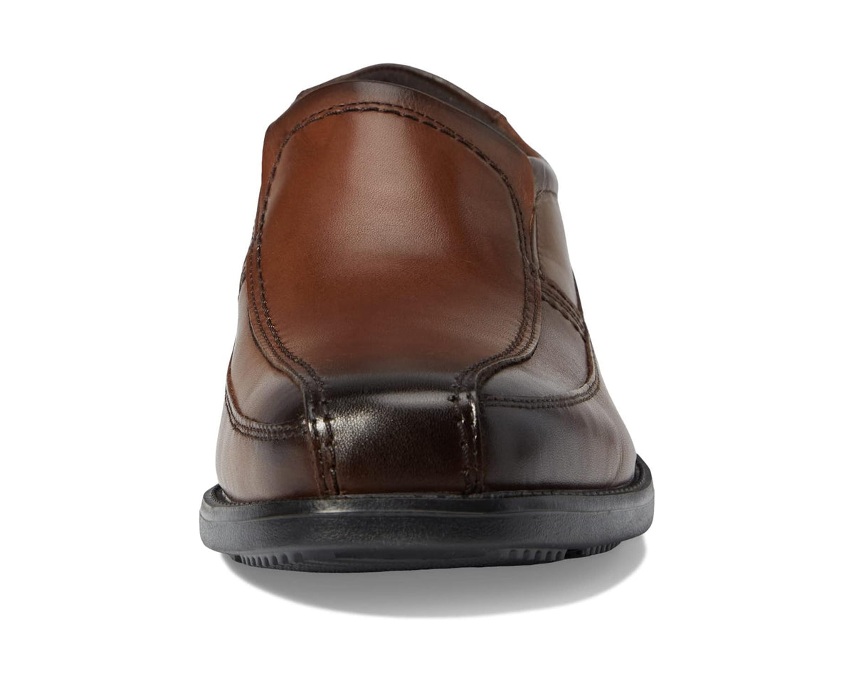 Men's tan-brown leather slip-on loafer rear view with low black rubber heel