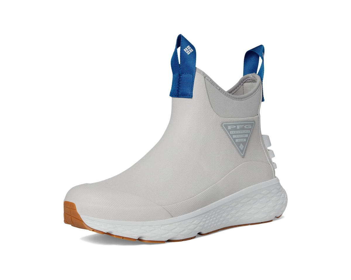 Light grey water-ready boot with blue pull tab and white outsole with brown edge