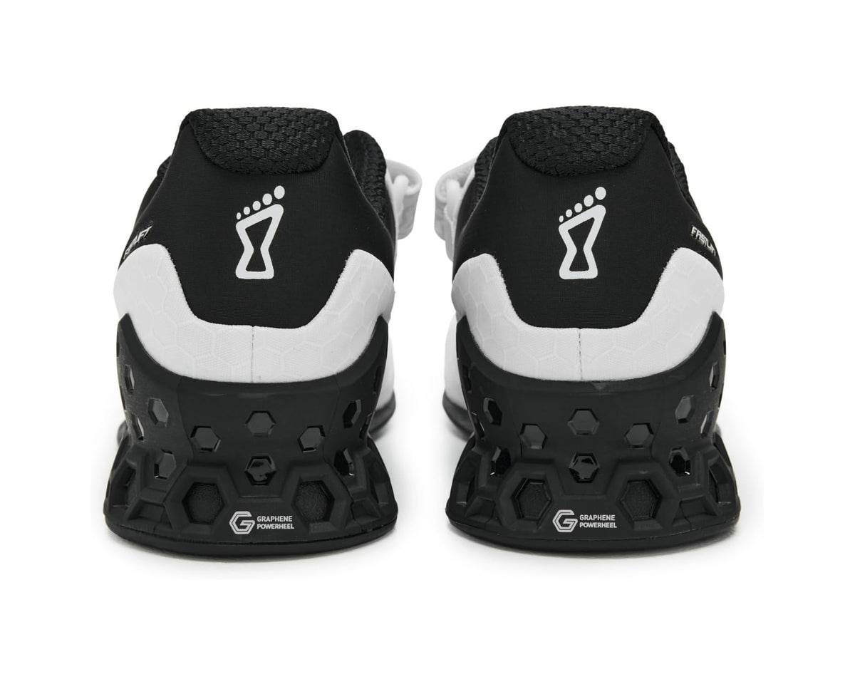Men's INOV8 Fastlift Power G 380 black and white shoe pair, heel view with logo