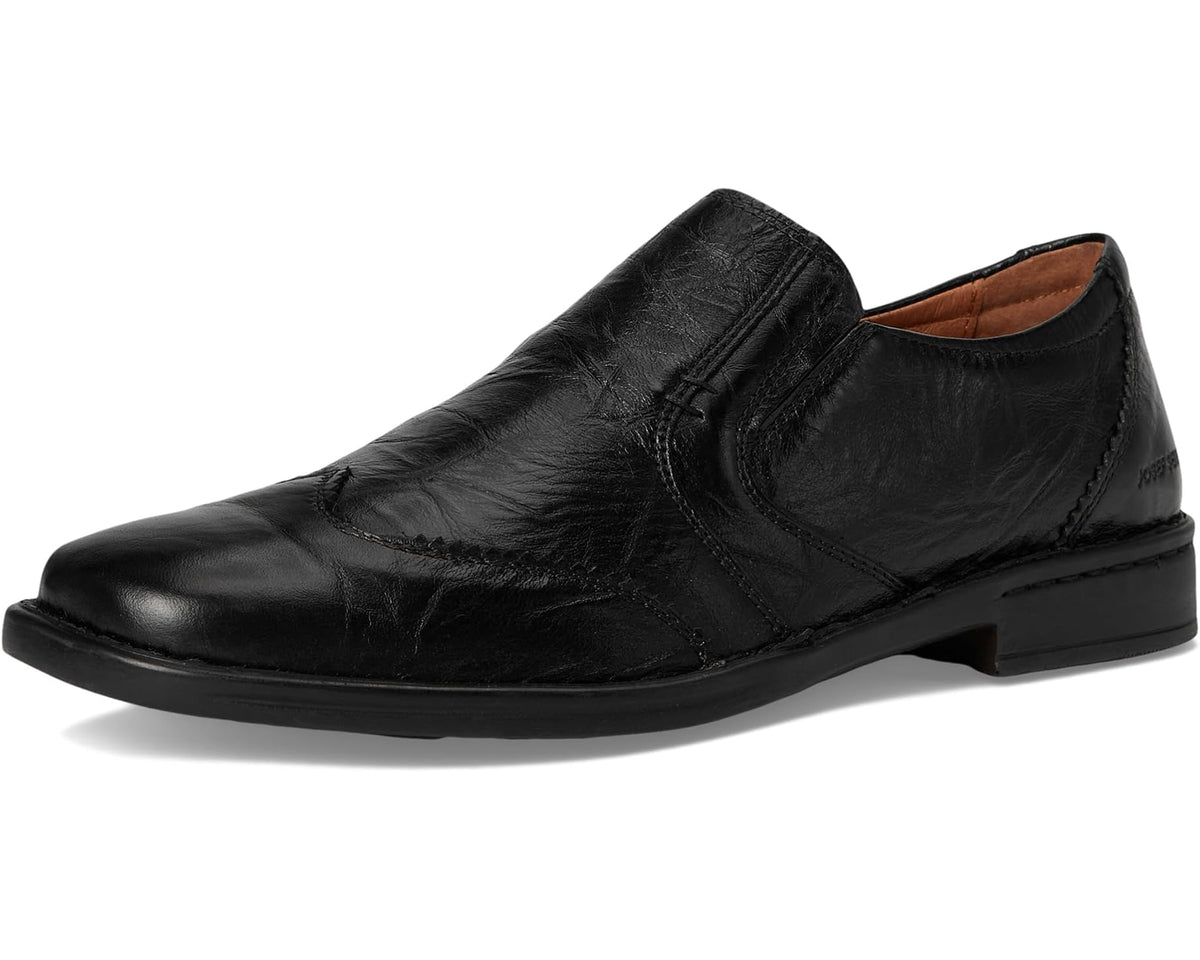 Men's black leather slip-on shoe with square toe and heel tab