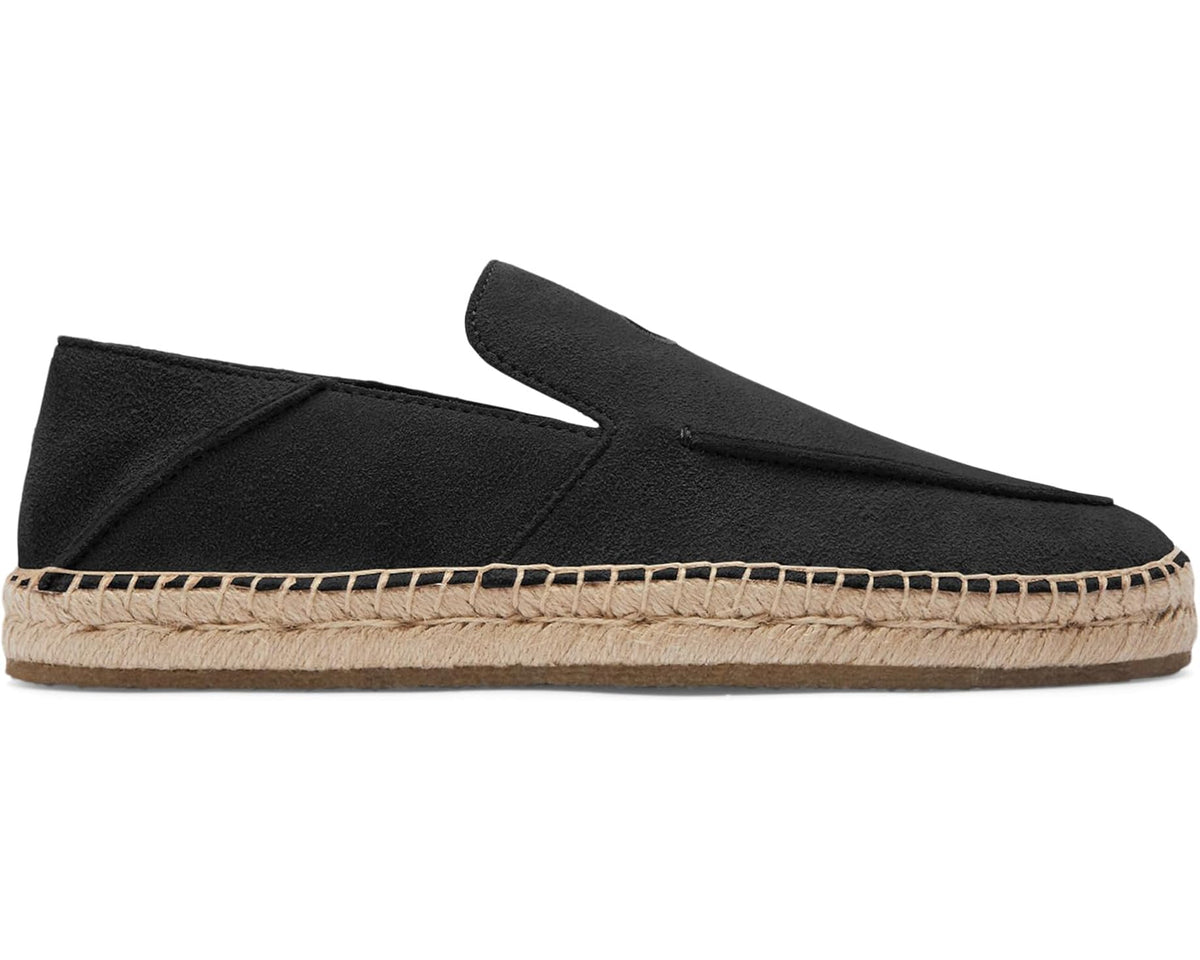 Men's black COACH espadrille side view with stitched jute sole