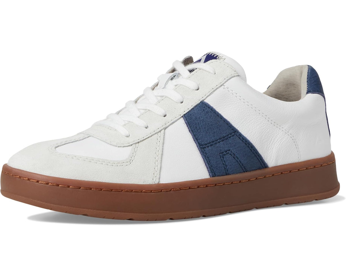 Men's white low-top sneakers with navy stripe detail, tan sole, and lace-up