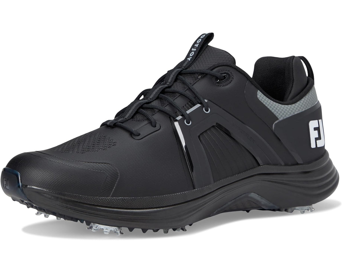 FootJoy men's black golf shoes, front-quarter view with lace-up uppers and spiked outsole