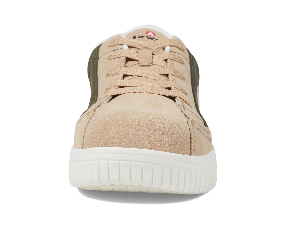 Front view work sneaker in tan suede with olive heel, lace-up, white sole