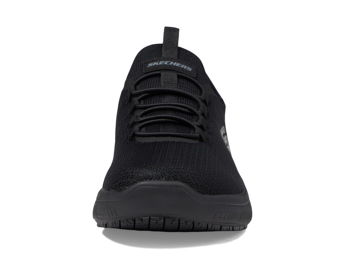 Men's black work sneaker front view, lace-up knit upper with cushioned rubber sole