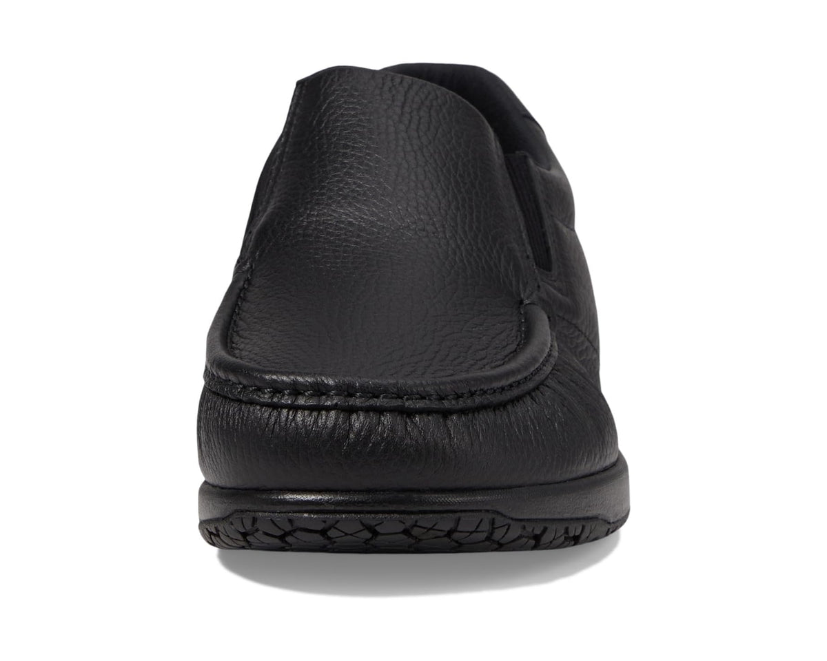 Black loafer back view with padded heel and textured traction sole edge
