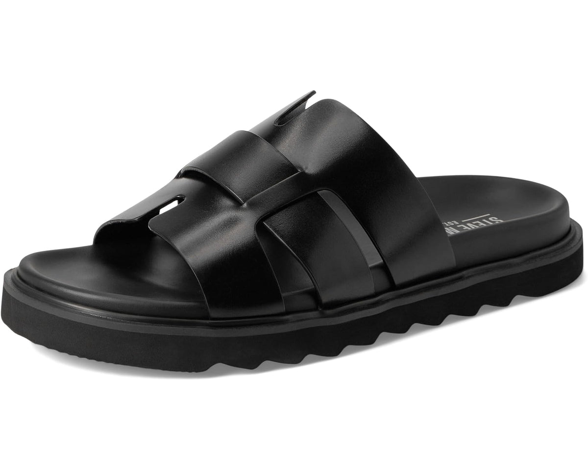 Black slide sandals with wide straps and chunky outsole