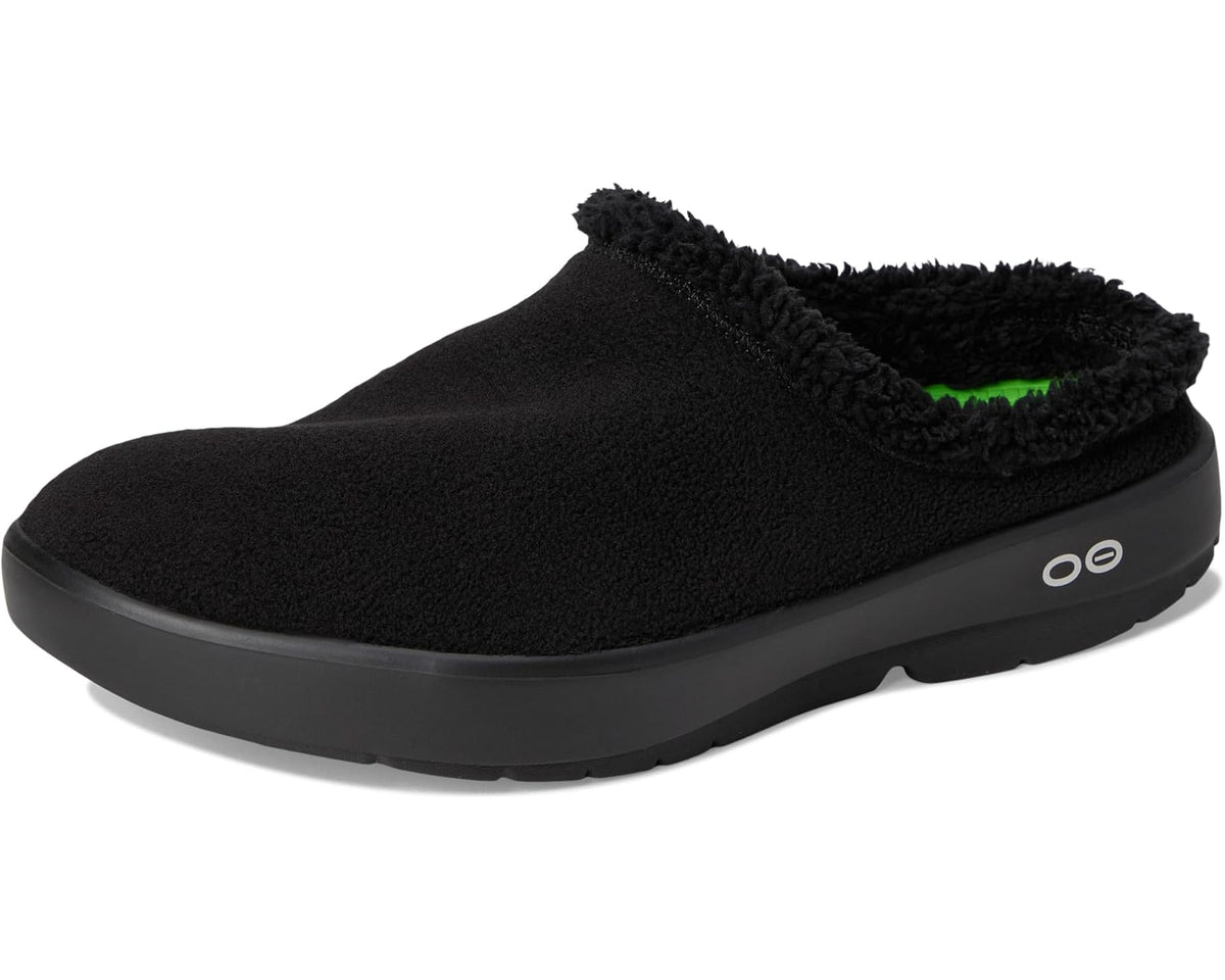 Black men's slip-on mule with fuzzy lining, open heel, and OO logo