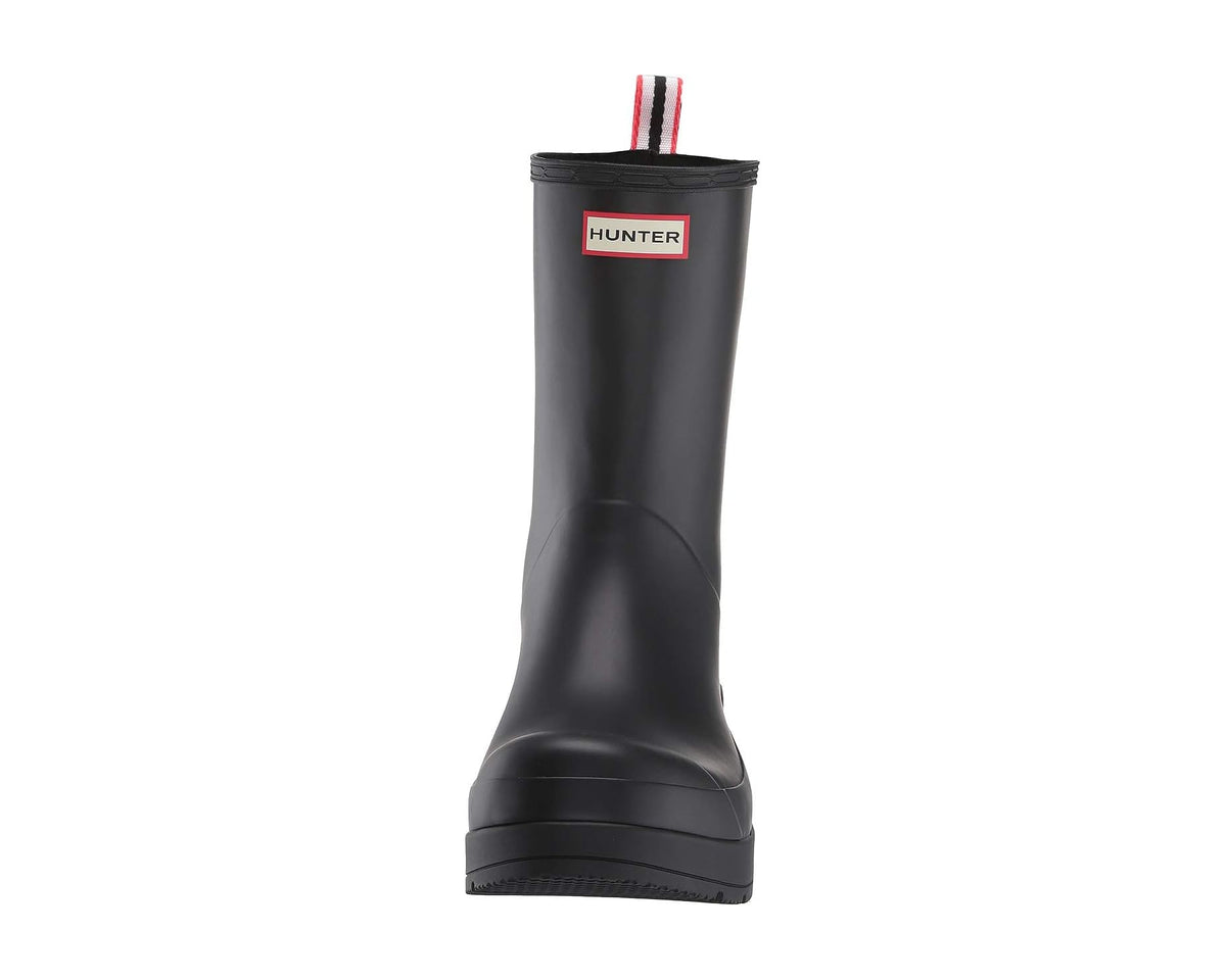 Black rubber boot with HUNTER logo patch near top and red pull tab
