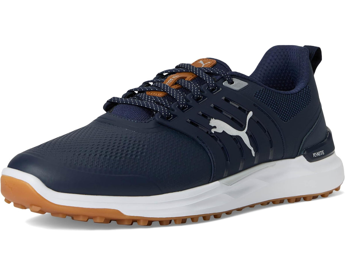Men's PUMA golf shoes deep navy with orange-brown lugs, speckled laces, and silver logo