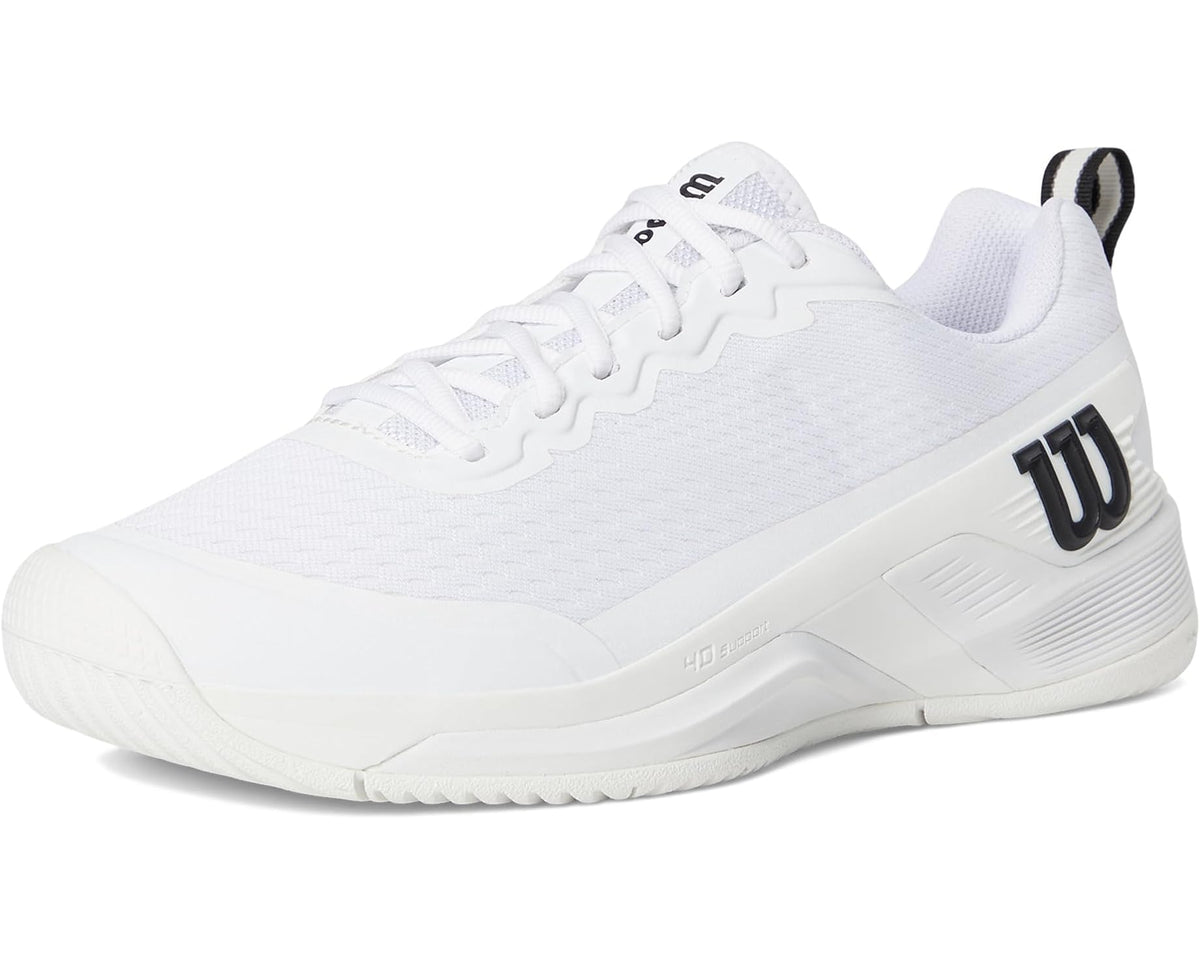 White lace-up tennis shoe with knit upper, black 'W' logo, and cushioned midsole