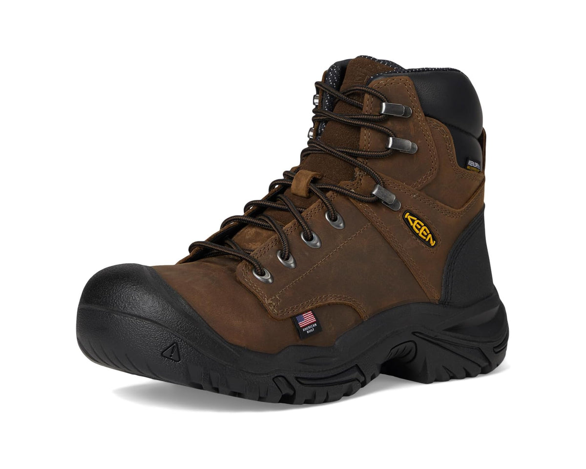 Brown and black lace-up utility work boot with padded collar and rubber toe