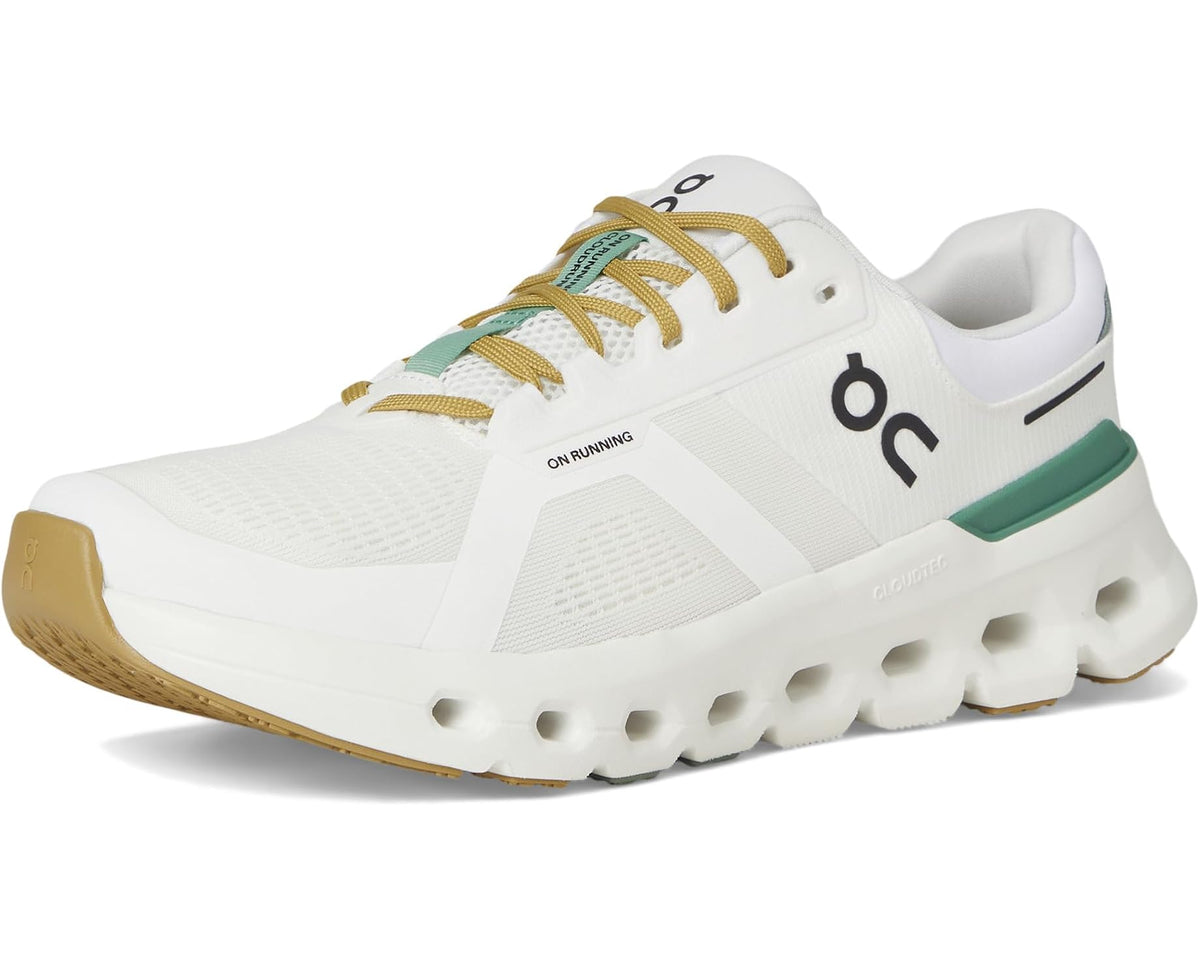 Men's white running sneakers with green accents, gold laces, and cushioned collar