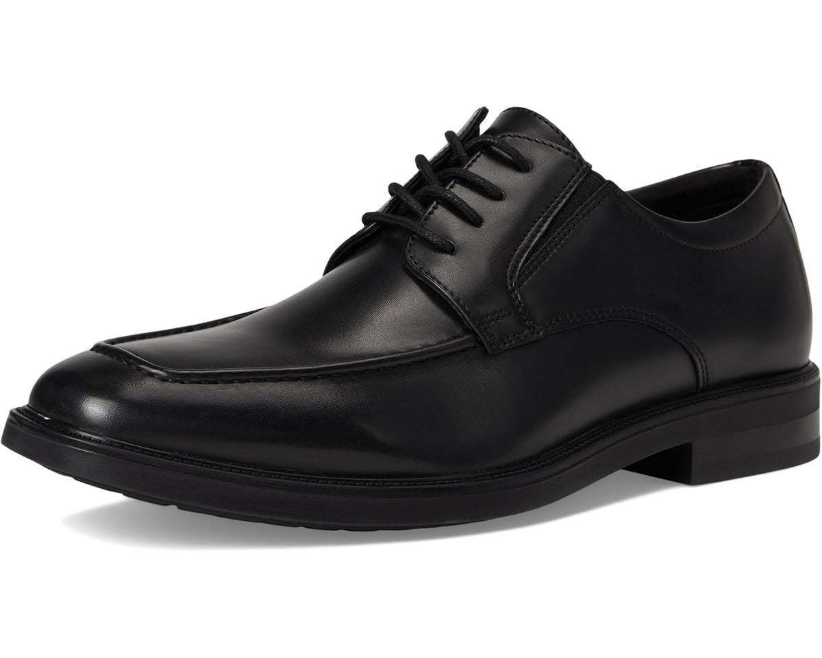 Black men's lace-up dress shoes with sleek toe and stitched apron