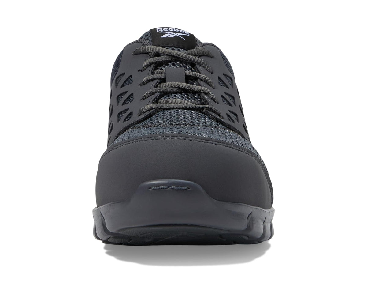 Grey work shoe toe and lace-up front with padded collar