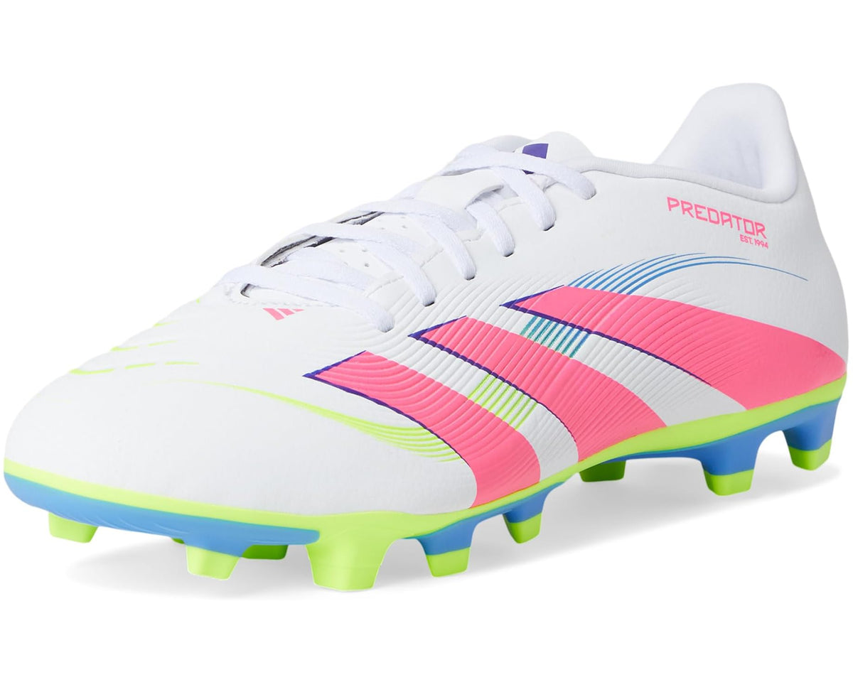 Unisex soccer cleats angled view: white upper with multicolor Predator stripe