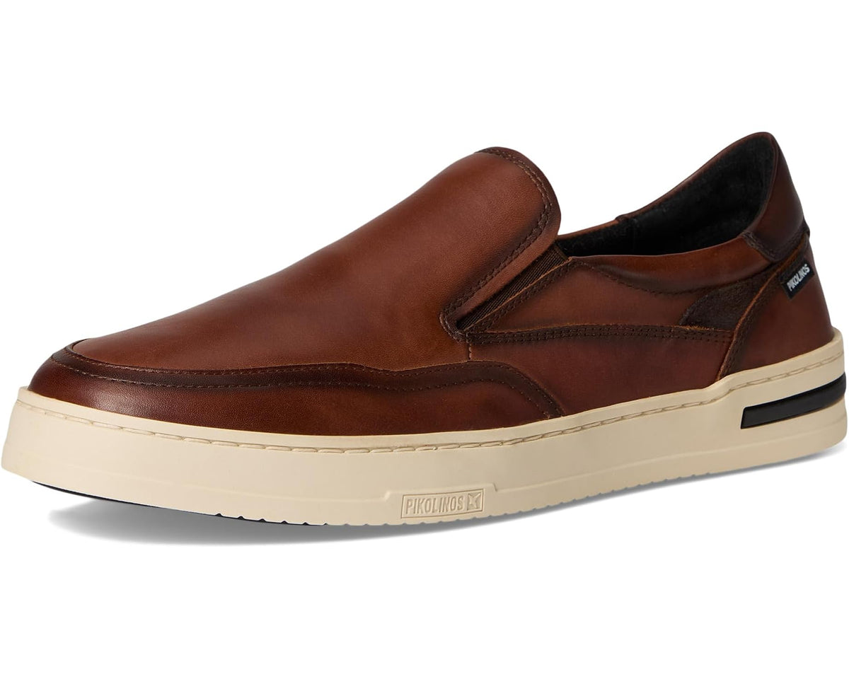 Brown leather slip-on loafers with low profile sole and side elastic panel