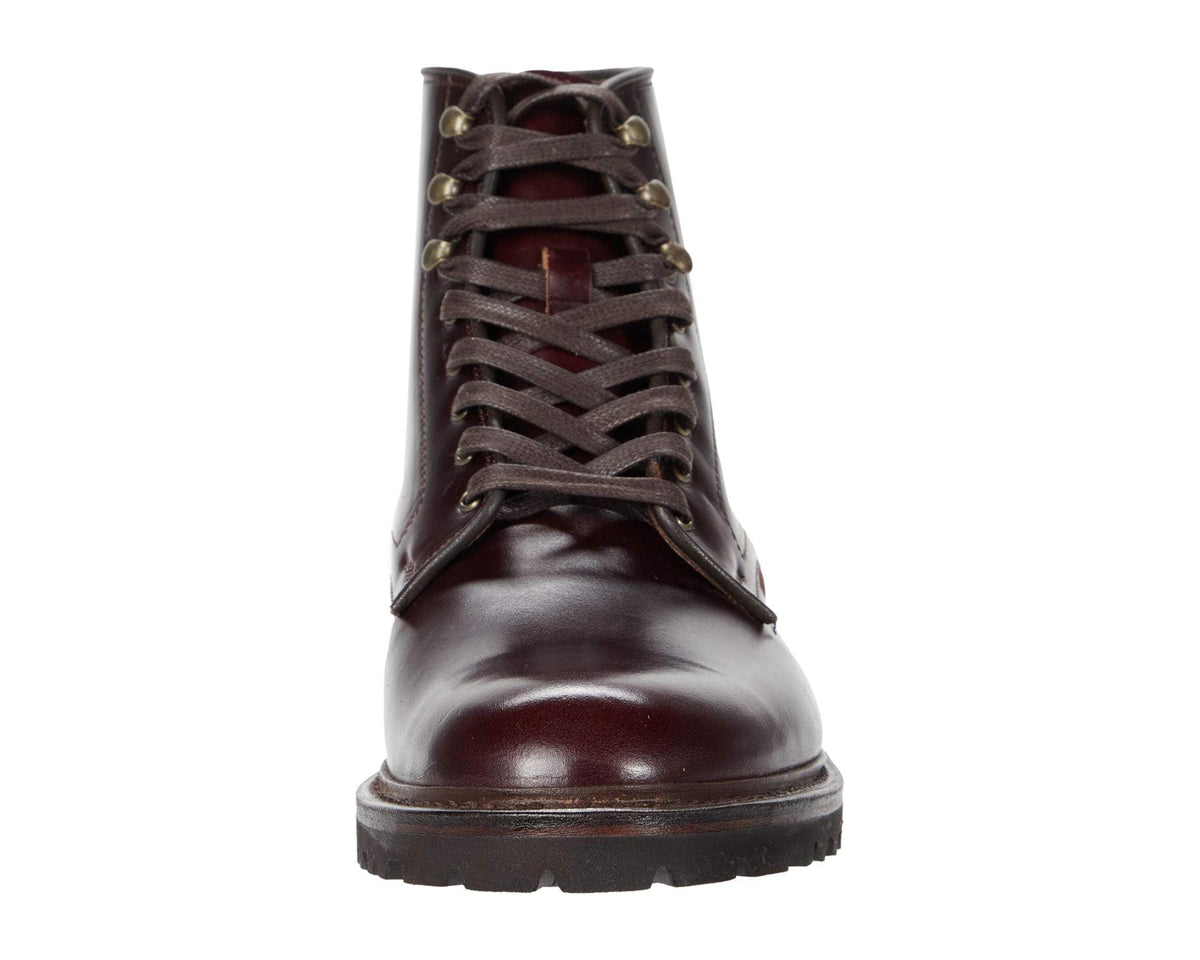 Men's Allen Edmonds chestnut leather lace-up boot, front view with rounded toe