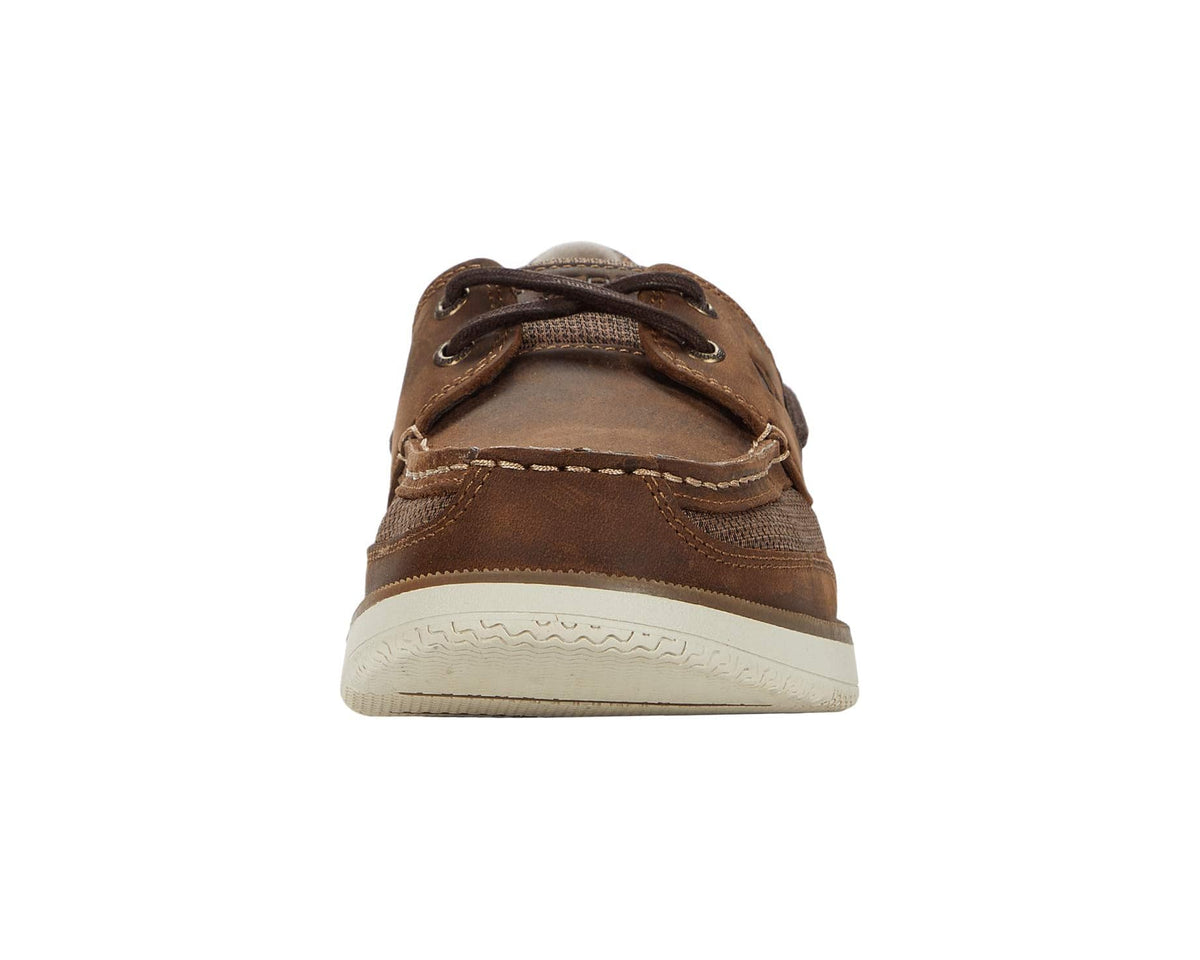 Men's dark brown boat shoe toe with laces and stitched seam details