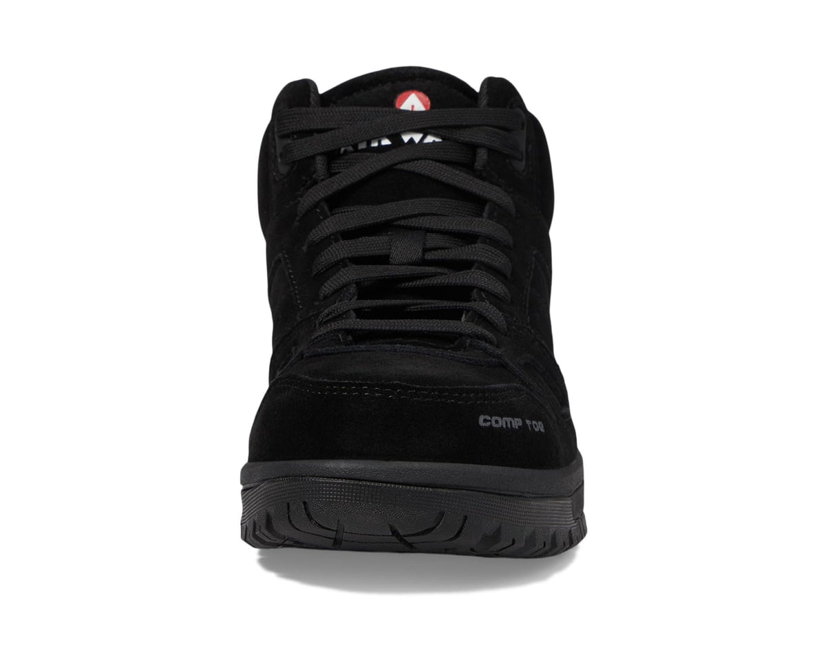 Black mid-top lace-up work shoe with padded tongue and textured sole