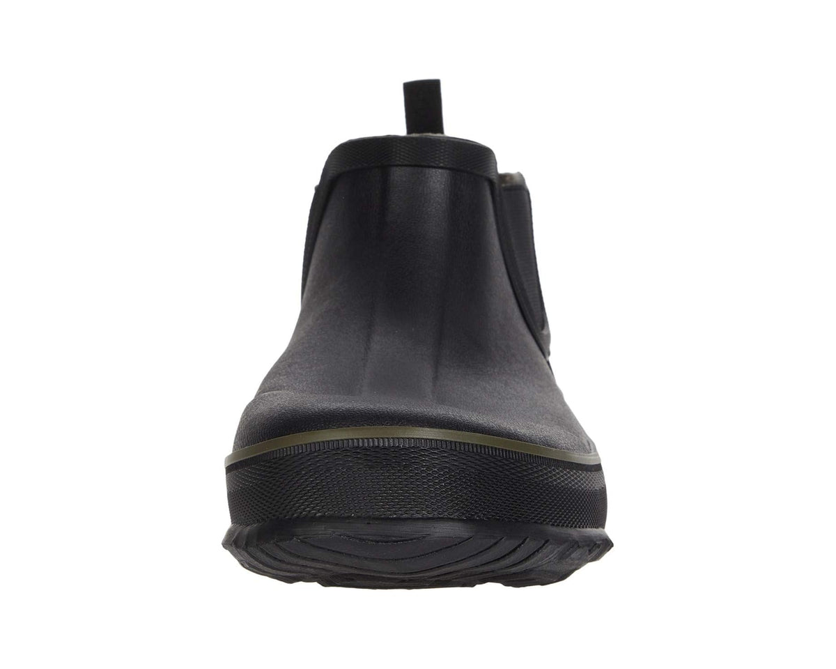 Black ankle-height slip-on boot with heel pull tab and textured rubber outsole