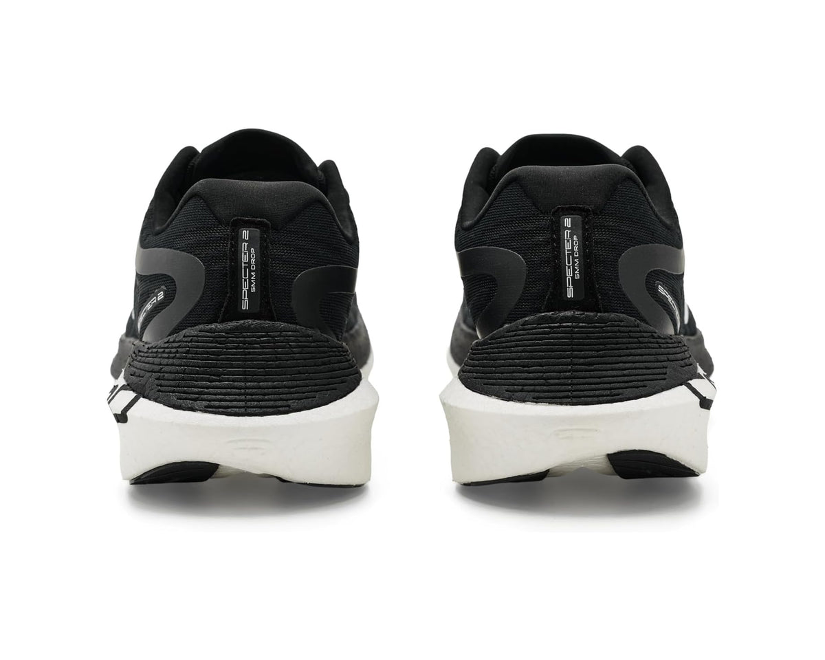 Back view of black lace-up running shoes with cushioned heel and white midsole.
