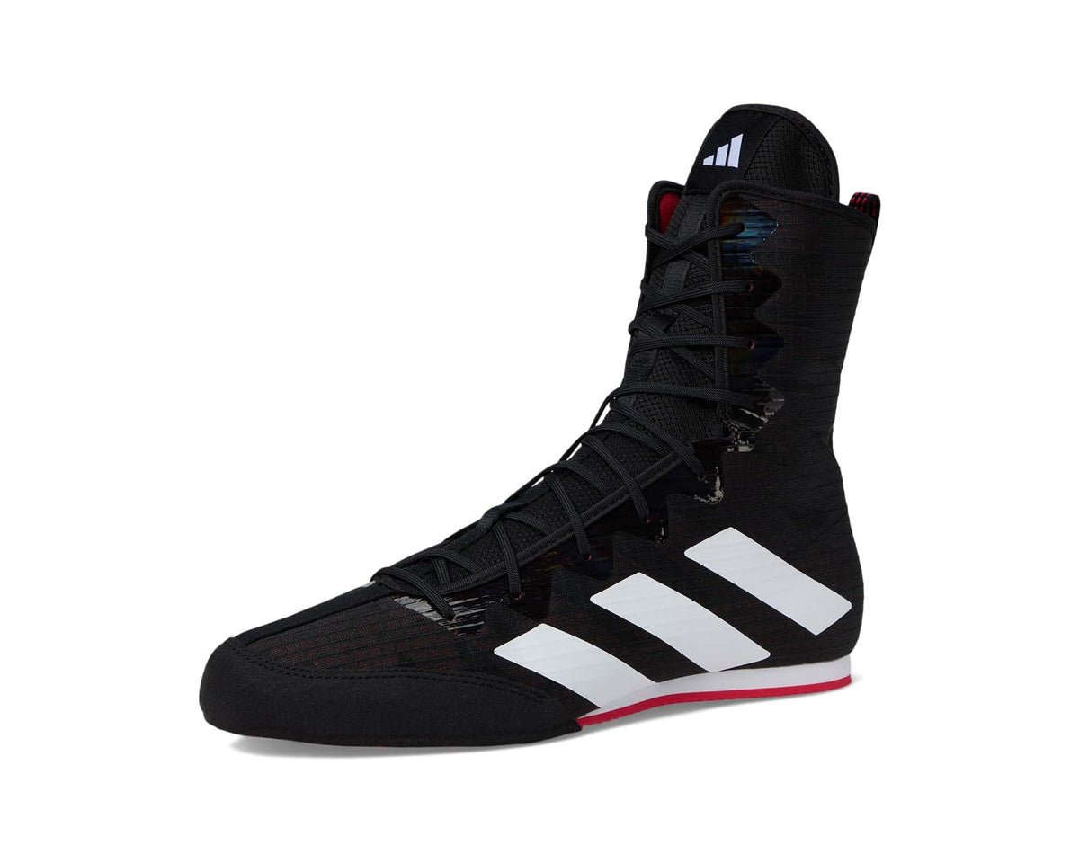 Unisex adidas high-top basketball shoe, black upper with white stripes and red trim