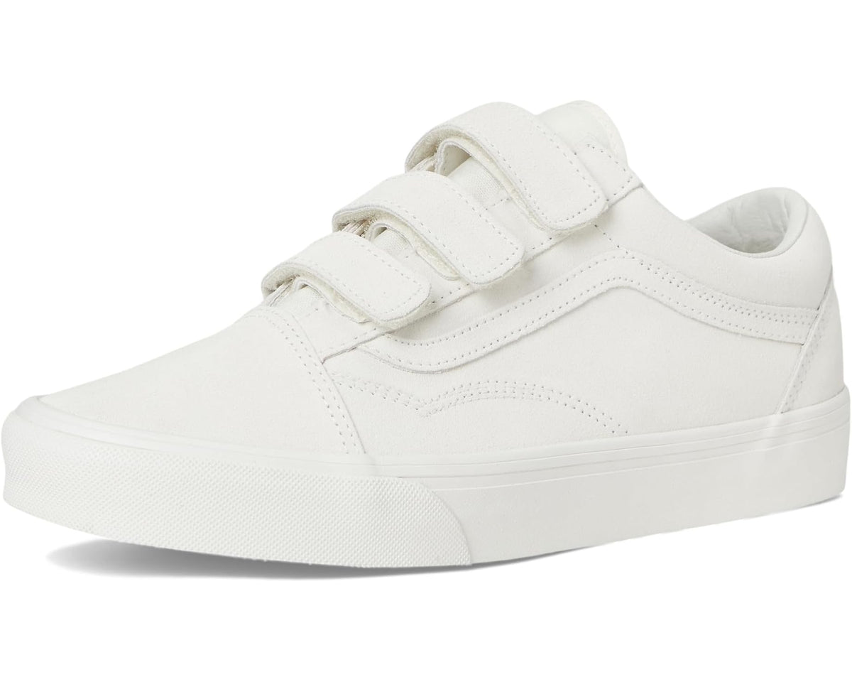 White Vans Old Skool V sneakers front side view with strap fastening