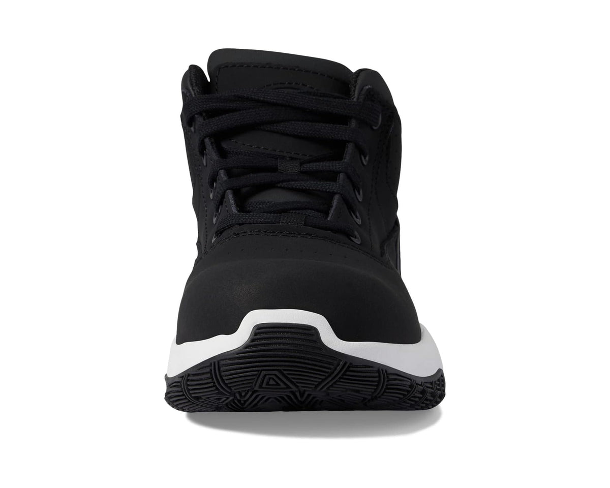 Men's black lace-up work boots with white midsole stripe and textured rubber sole