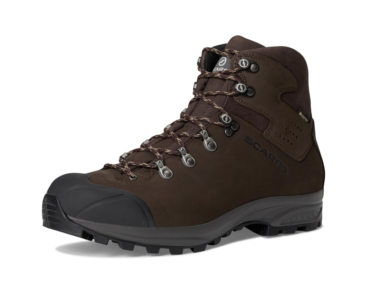 Men's brown Scarpa hiking boot, front/side angle with lace-up hardware