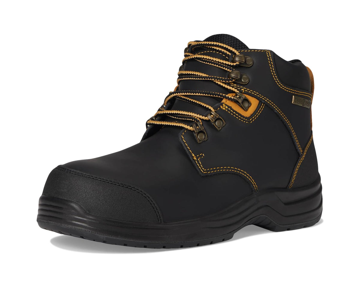 Black men's lace-up work boot with tan trim and layered laces