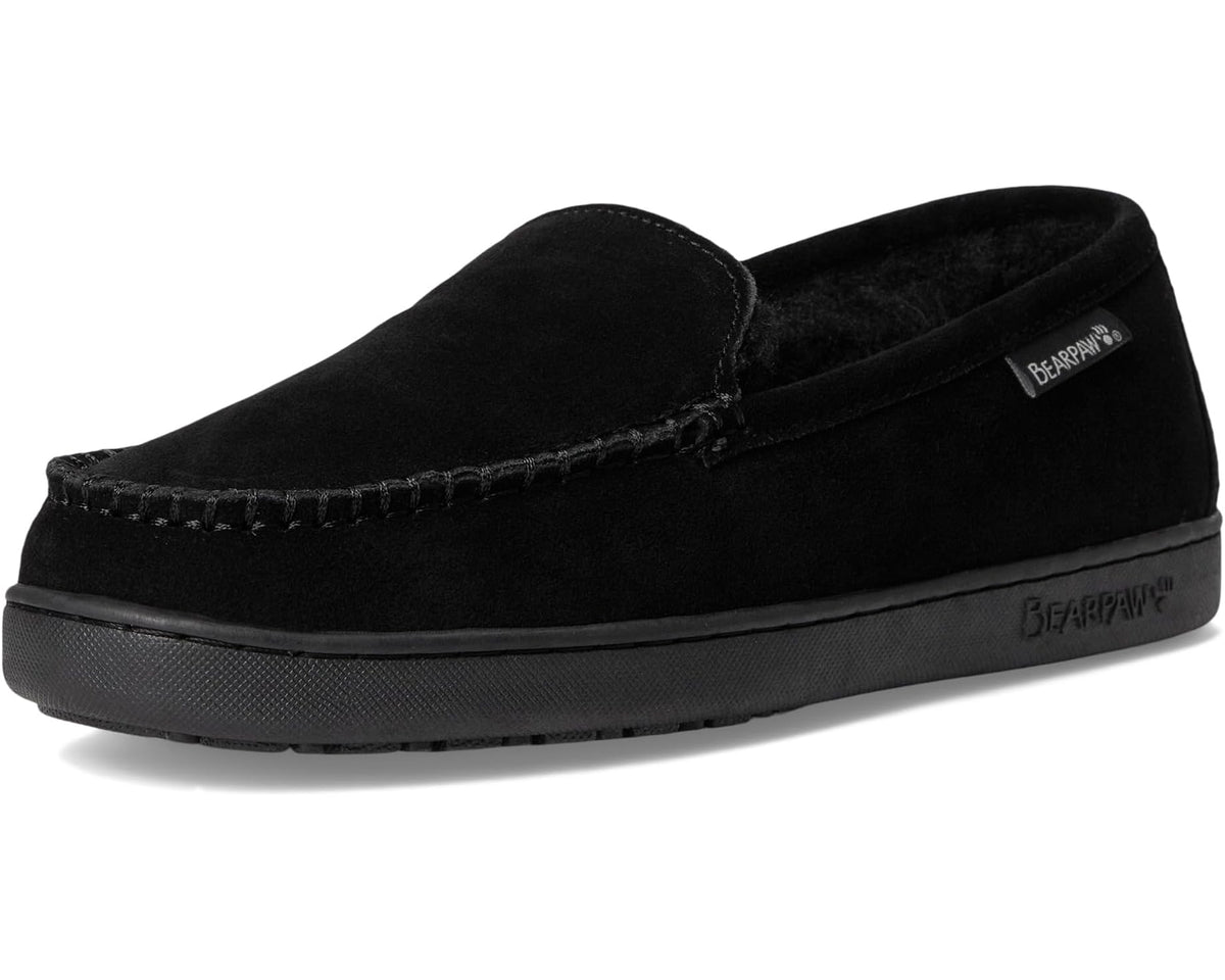 Men's black suede slip-on loafer with low-profile rubber sole and BEARPaw tag