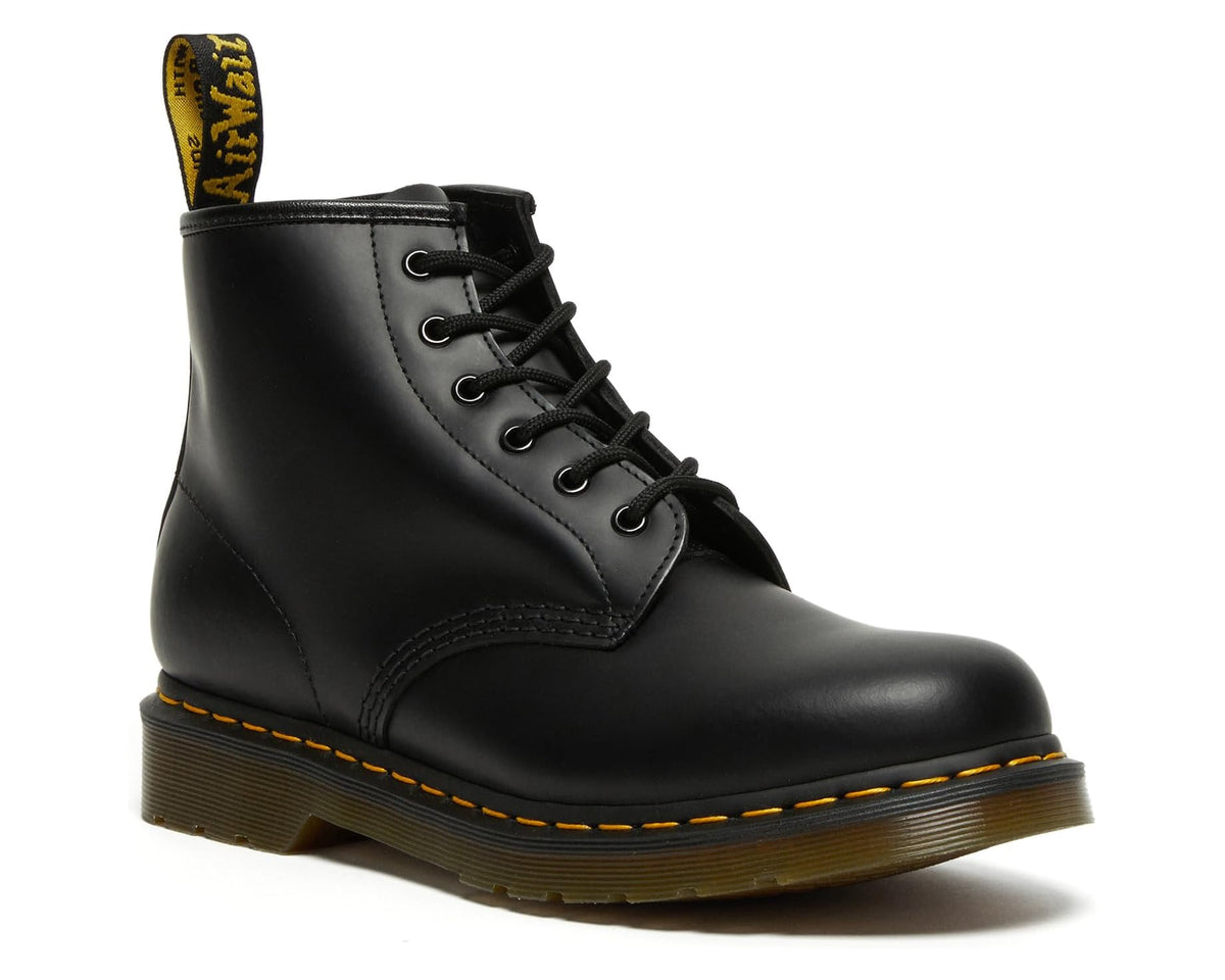 Black smooth leather lace-up ankle boots, yellow welt stitching, angled front view