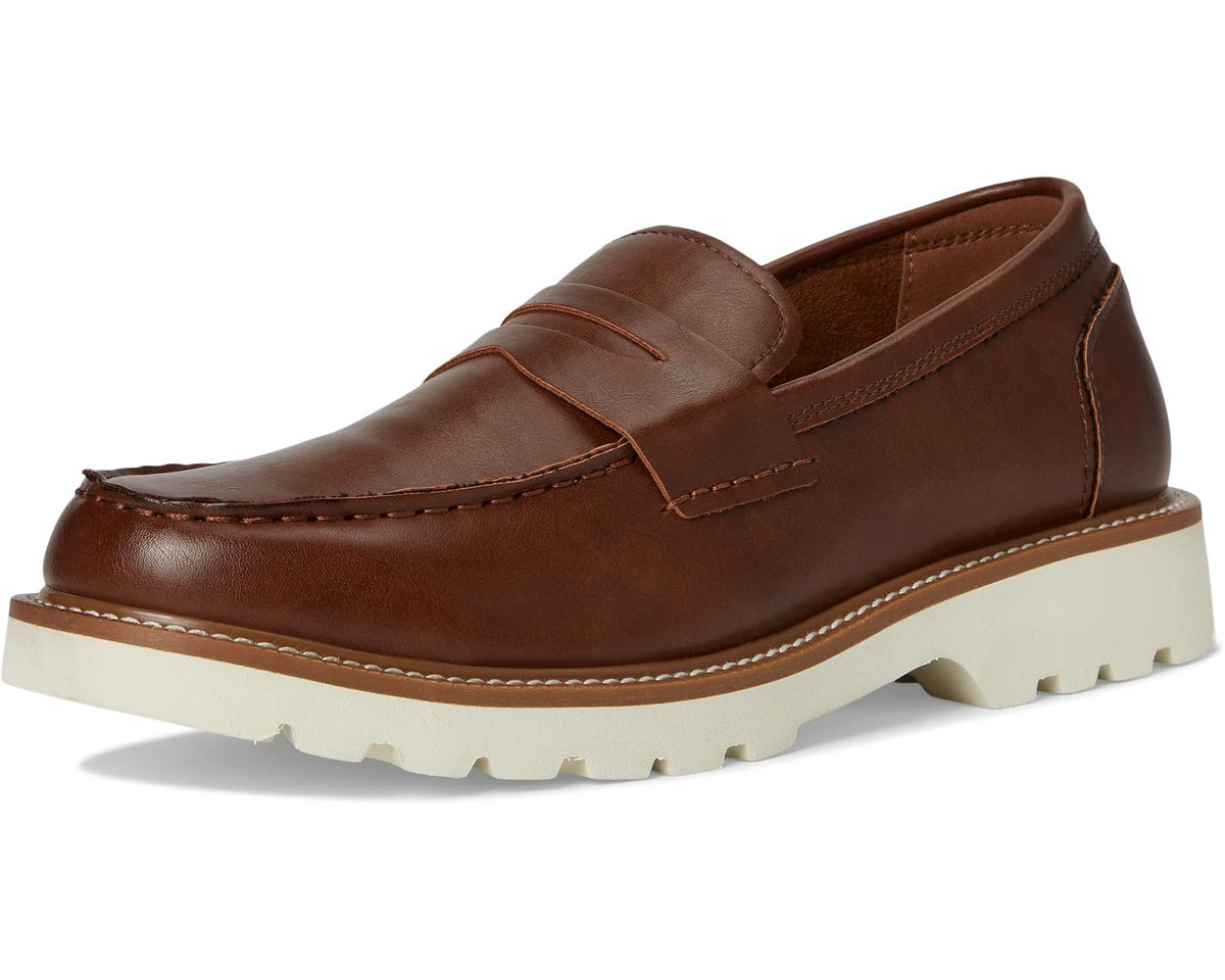 Brown leather slip-on loafer with penny-style strap and textured tread sole