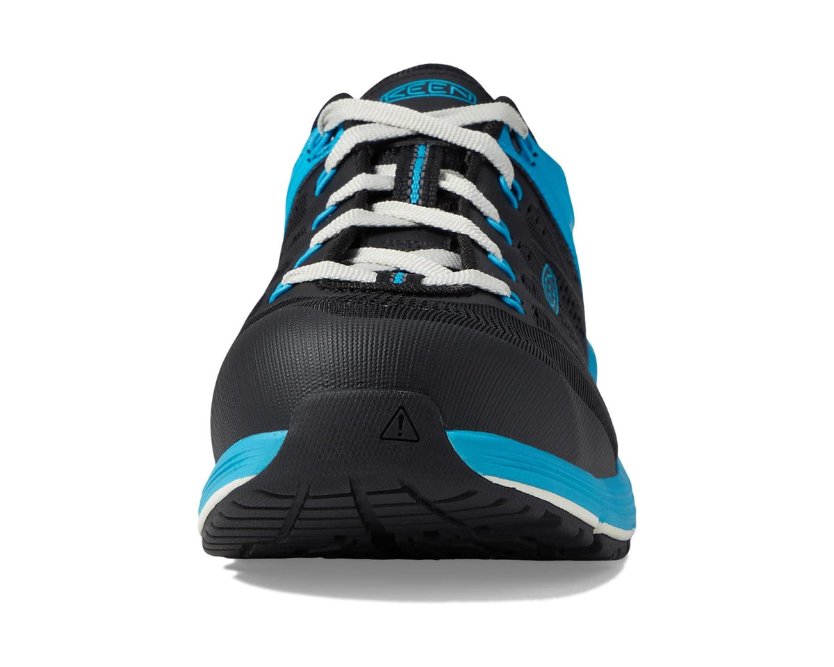 Front view KEEN utility sneaker, black toe with blue accent and white laces