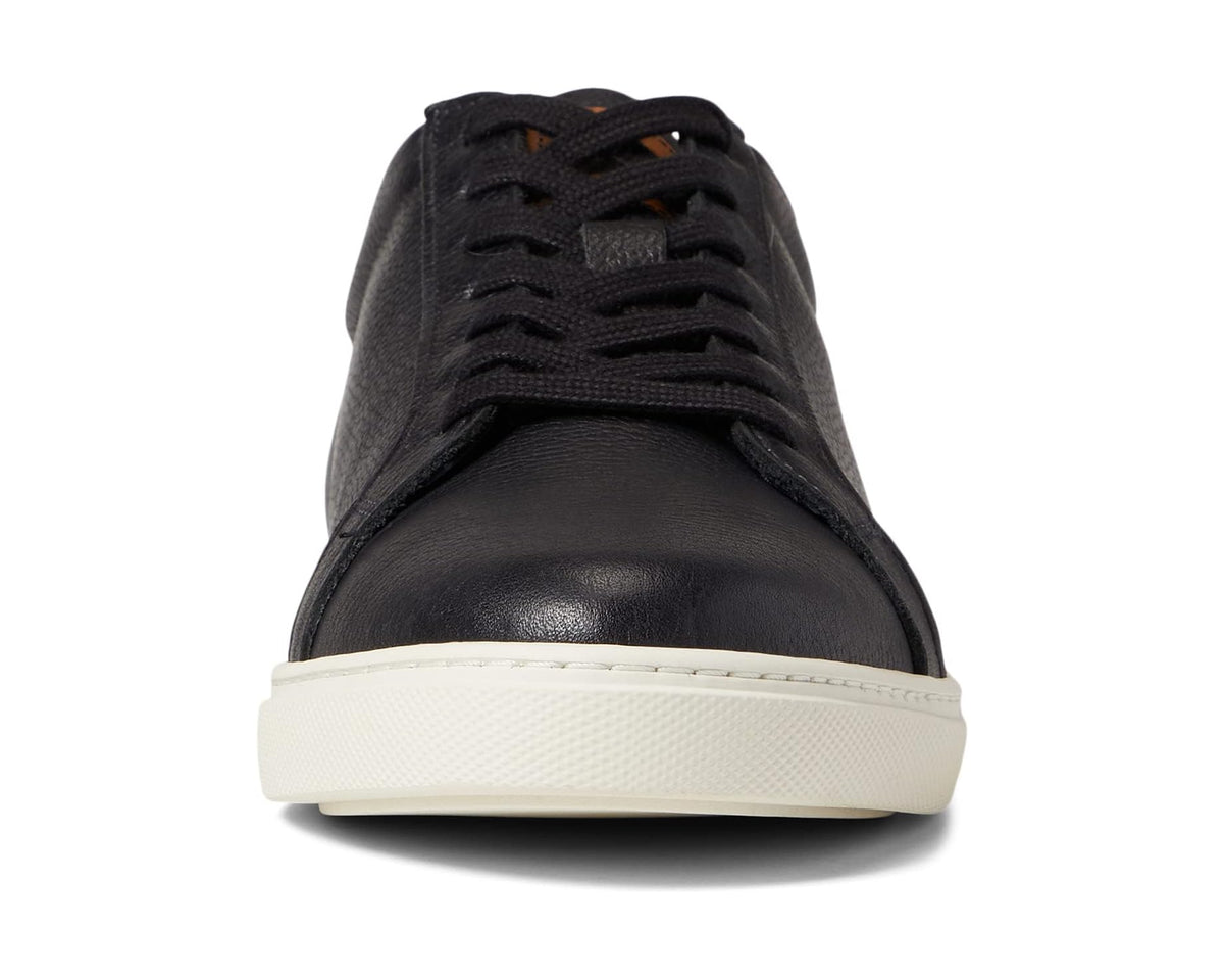Men's black leather sneaker front view with black laces and white rubber sole
