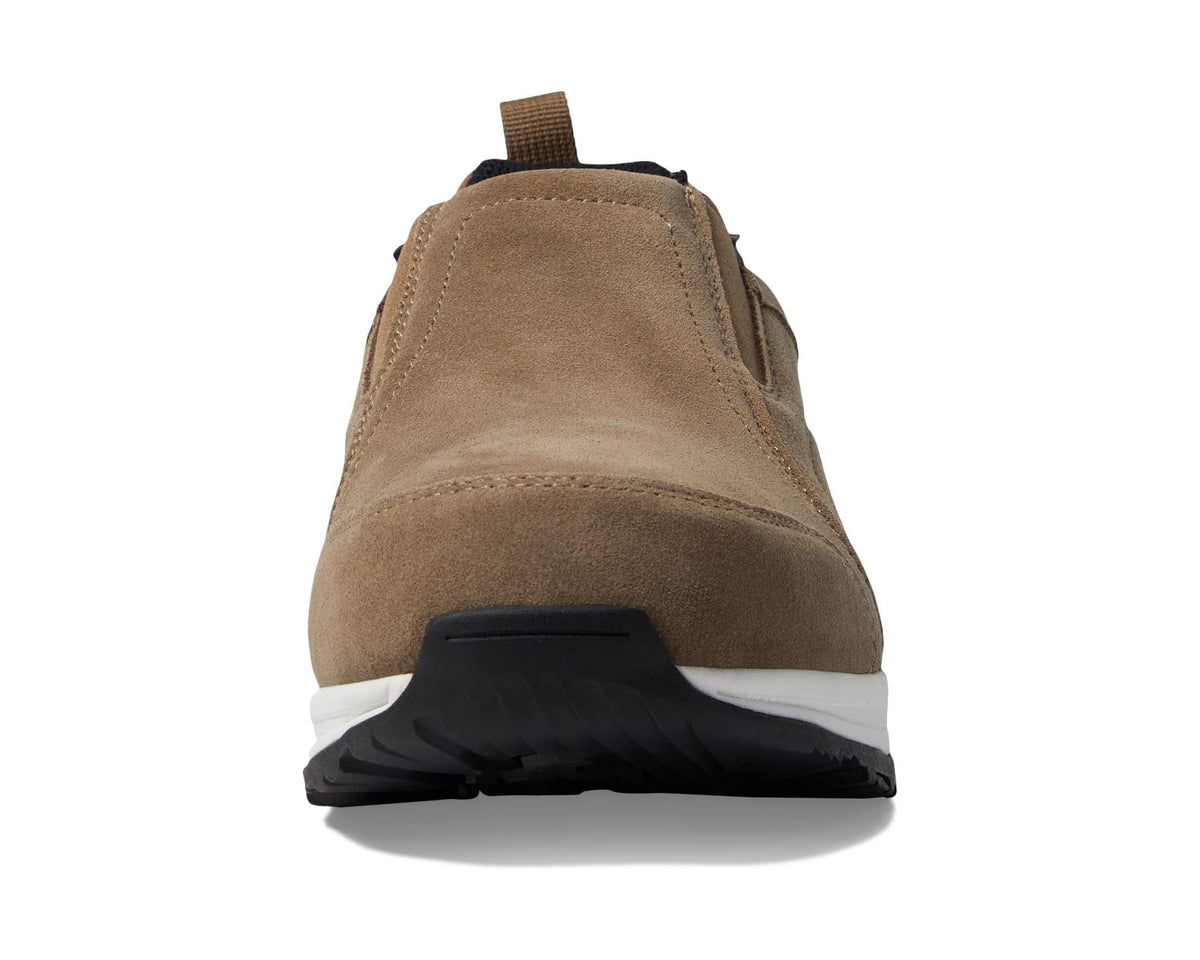 Men's Propet slip-on sneakers, rear view in brown with black outsole and white midsole
