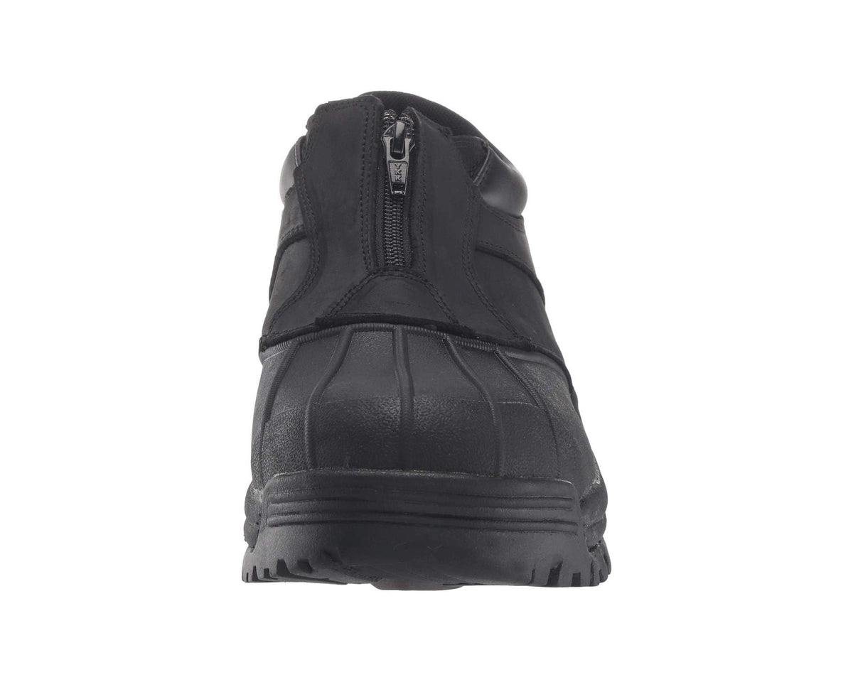 Black rear view of ankle zip boot with zipper at the upper edge
