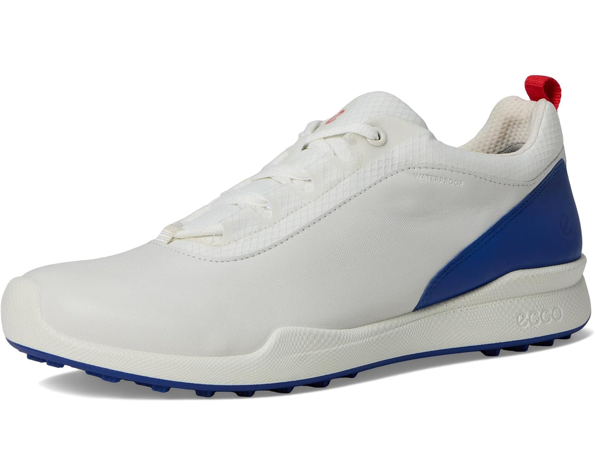 White and blue men’s golf sneaker with lace-up front and low profile textured traction sole