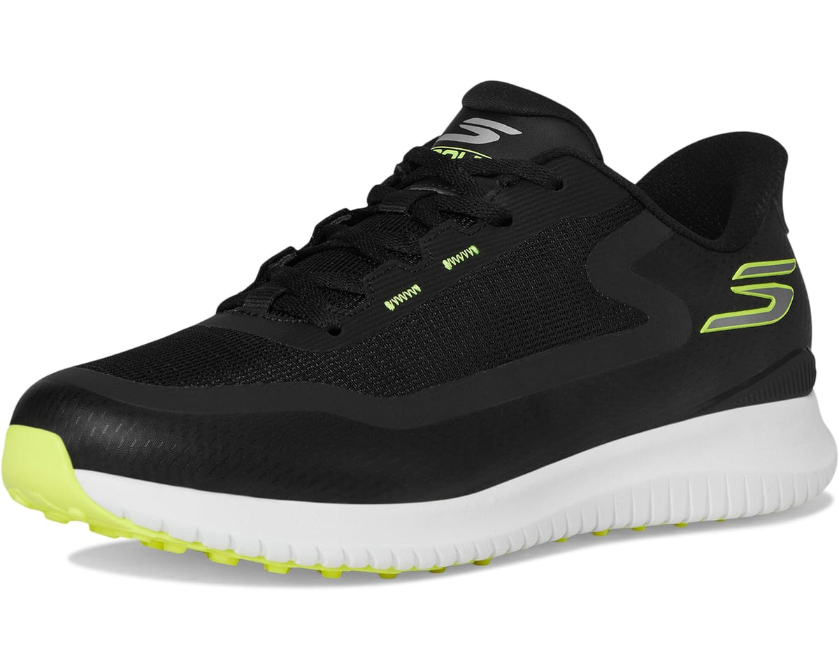 Black slip-in golf shoe with neon green accents, textured sole and white midsole